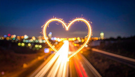 Heart shape with light trails on the road at night. Love concept.の素材
