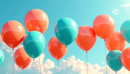 Colorful balloons flying in the blue sky. 3D Renderingの素材