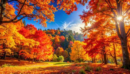 Beautiful autumn landscape in the park. Colorful foliage in the forest.の素材