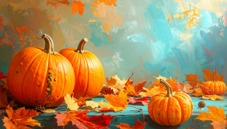 pumpkin and autumn leaves on a blue background, halloweenの素材