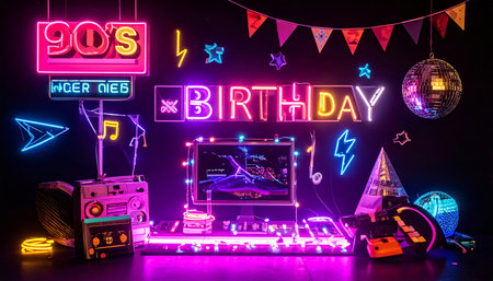 colorful disco club with neon lights on the stage and people having funの素材