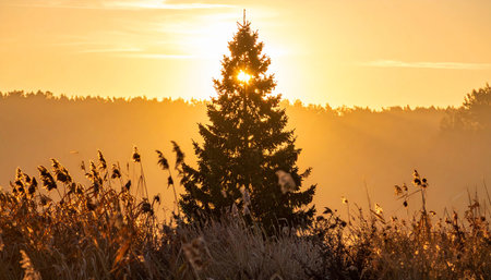Foggy sunrise over the meadow with a coniferous treeの素材