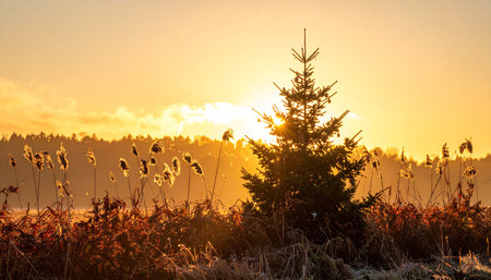 Foggy sunrise over the lake with a coniferous treeの素材