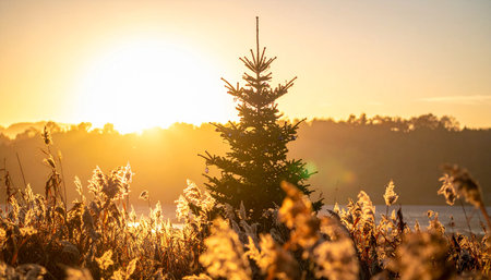 Beautiful winter landscape with frosted trees in the field at sunsetの素材