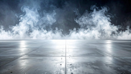 Concrete floor and white smoke on black background. 3D renderingの素材