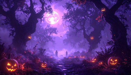 Scary Halloween background with pumpkins in the forest. 3d renderの素材