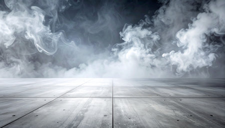 Dark room with wooden floor, smoke and fog. Abstract background.の素材