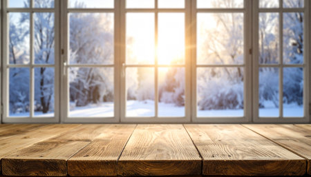 Wooden table in front of the window in the winter forest.の素材