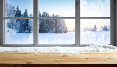 Wooden table against view of winter landscape with snow-covered treesの素材