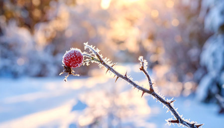 Red rosehip berries covered with hoarfrost. Winter background.の素材