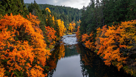 Beautiful autumn landscape with a mountain river and colorful trees in the forestの素材