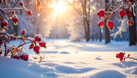 Rosehips covered with hoarfrost in winter forest at sunset.の素材
