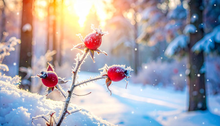 Frozen rosehips in the winter forest at sunset. Winter background.の素材
