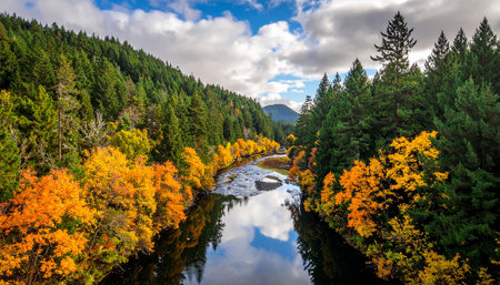 Autumn landscape with colorful forest and river in the mountains. Colorful foliage in the mountainsの素材