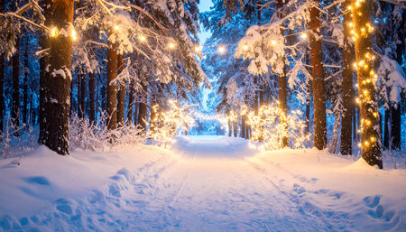 Winter forest with Christmas lights. Beautiful winter landscape in the evening.の素材
