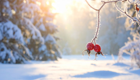 Frozen rosehip berries on a branch in the winter forest.の素材