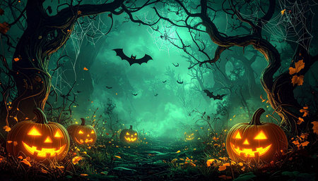 Halloween background with pumpkins, bats and tree in the forestの素材