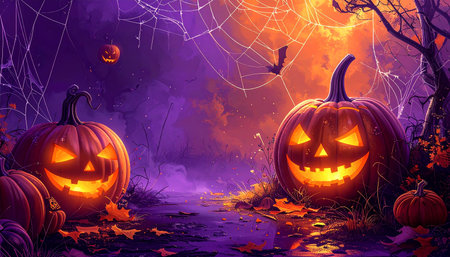 Halloween background with pumpkins and spider web. Vector illustration.の素材