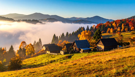 Colorful autumn landscape in Carpathian mountains. Ukraine, Europe.の素材