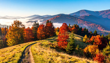 Colorful autumn landscape in the Carpathian Mountains. Ukraine, Europe.の素材