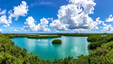 Panoramic view of mangrove forest and lagoon in Okinawa, Japanの素材