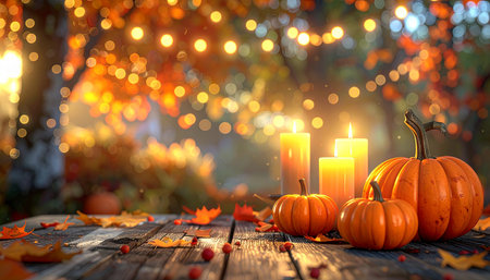 Halloween background with pumpkins and candles on wooden table in autumn forestの素材