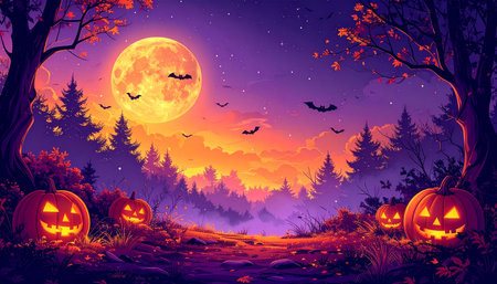 Halloween background with pumpkins, bats and moon. Vector illustrationの素材