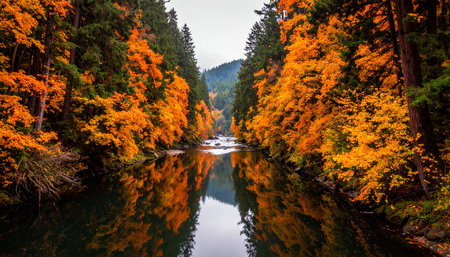Beautiful autumn landscape with mountain river and colorful trees in the forestの素材