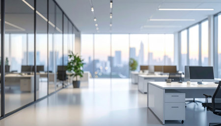 Modern office interior with panoramic window and city view. 3D Renderingの素材
