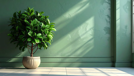 Green wall with a green plant in a pot. 3d renderingの素材