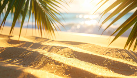 Tropical beach with palm leaves and sand. Summer vacation backgroundの素材