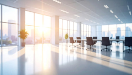 Office interior with panoramic windows and city view. 3d renderingの素材