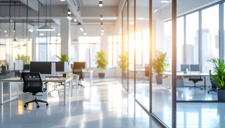 Office interior with panoramic windows and city view. 3D Renderingの素材