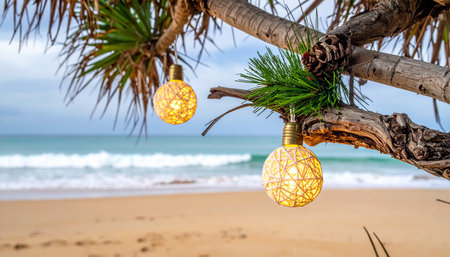 Decorative light bulbs hanging on a tree on the beach with sea backgroundの素材