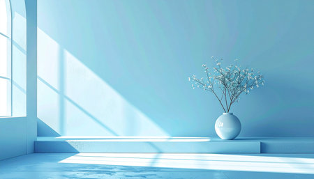 Interior of modern room with blue walls, concrete floor and vase with flowers. 3d renderingの素材