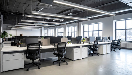 Modern bright open space office interior with computers on desks and rows of chairsの素材