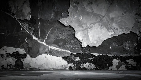 grunge wall with cracks and scratches in black and white toneの素材