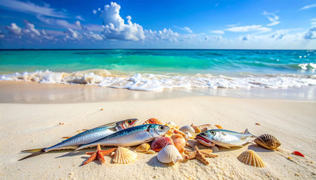 Seashells, starfish and mackerel on tropical beachの素材