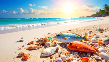 Tropical beach with fish, seashells and starfishの素材