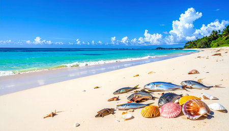 Seashells and fish on the beach, Seychellesの素材
