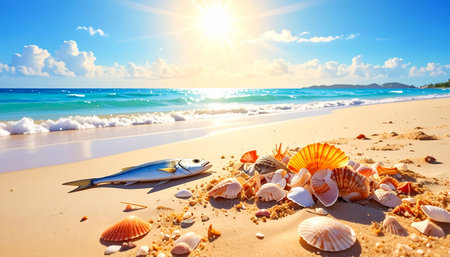 Seashells and fish on the sandy beach in Seychellesの素材