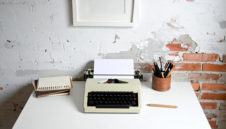 Typewriter on white table near brick wall, space for textの素材