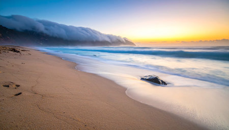Foggy sunrise on the beach with rocks and waves in foregroundの素材
