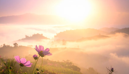 Beautiful pink cosmos flowers on the mountain with morning sunlight background.の素材