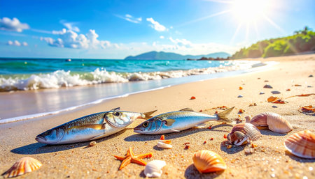 Fishes and shells on the sandy beach on a sunny summer dayの素材