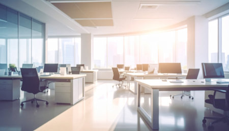 Modern office interior with panoramic window and city view. Blurred backgroundの素材