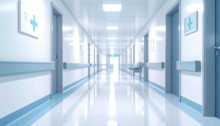 3d render of a hospital corridor with blue doors and white wallsの素材