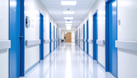 Blue hospital corridor with blue doors and white walls, shallow depth of fieldの素材