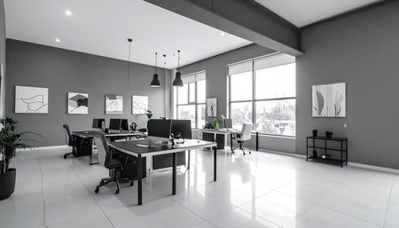 Interior of modern office with gray walls, tiled floor and computer tablesの素材