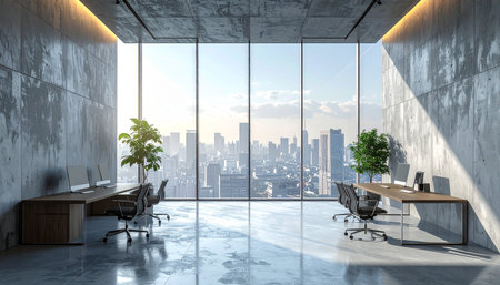 Modern office with panoramic window and city view. 3D Renderingの素材